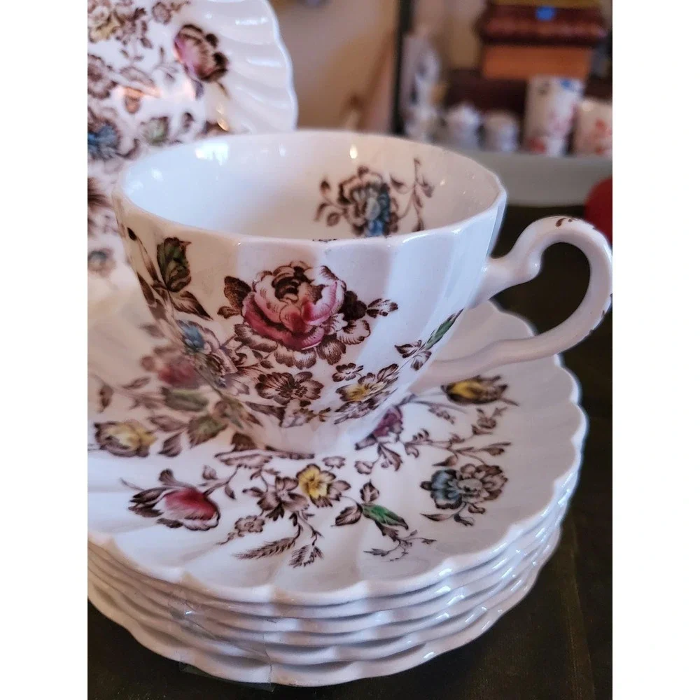 Staffordshire Bouquet Johnson Bros England Teacup Saucers Desert Plates 9 pieces
